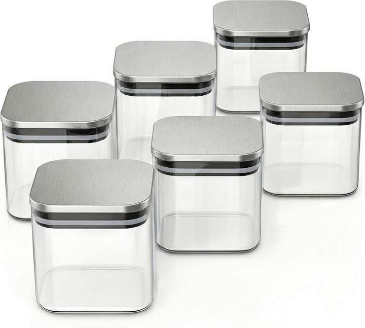 Arendo Glasbehälter Set 6er 6×0,8 L Borosilikatglas, Edelstahldeckel mit Silikonring, mikrowellengeeignet (0.80 l)