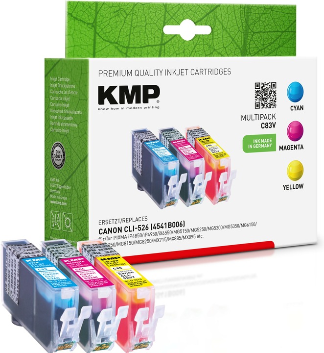 Actual product image KMP C83V Value Pack C/M/Y compatible with Canon CLI-526 (M, C, Y)