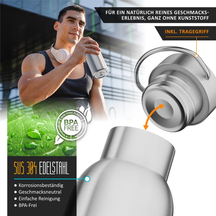 Produktbild Arendo Thermosflasche 500ml, Isolierflasche Edelstahl, doppelwandig, Griff, Thermo Trinkflasche, BPA-frei (0.50 l)