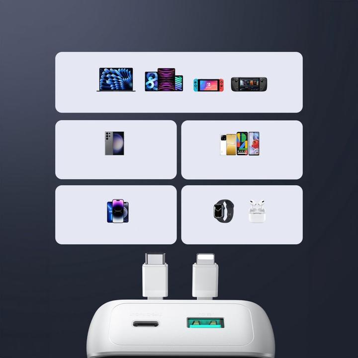 Produktbild Joyroom 30W 20000mAh mini Power Bank with built-in Cables, USB-A & USB-C - White (10000 mAh, 30 W, 37 Wh)
