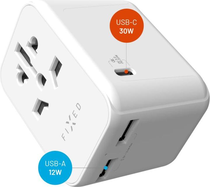 Actual product image Fixed Voyager 30W travel adapter for EU, UK and USA/AUS, with 1xUSB-C and 2xUSB output, GaN, PD 30W, white