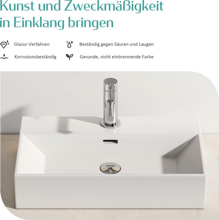 Produktbild Emke Aufsatzwaschbecken Keramik Waschbecken Eckiger Hängewaschbecken Waschtisch, Modernes Design für (365 mm, 515 mm)