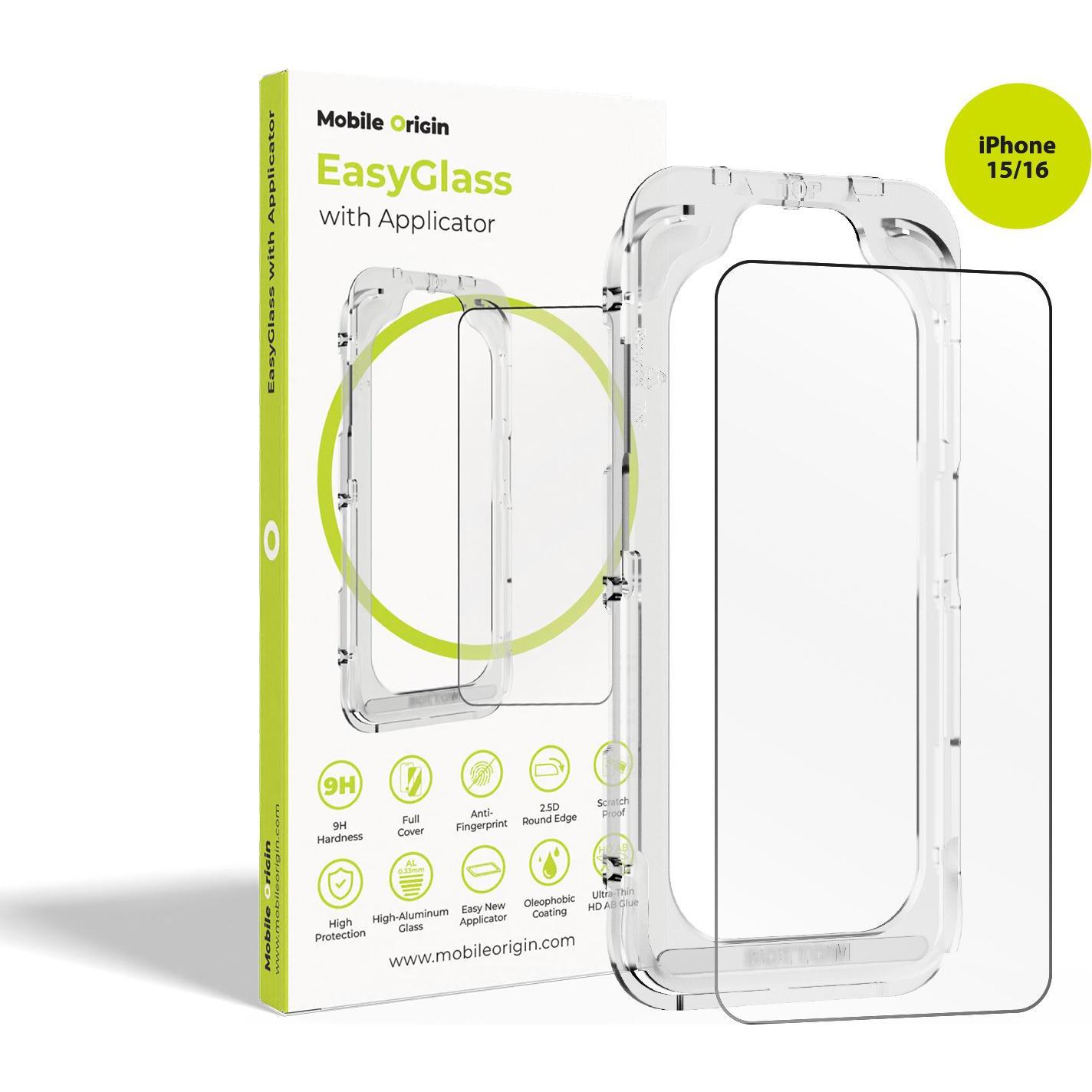 Mobile Origin EasyGlass with Applicator iPhone 15/iPhone 16 (Apple iPhone 15, Apple iPhone 16), Pellicola protettiva smartphone, Trasparente