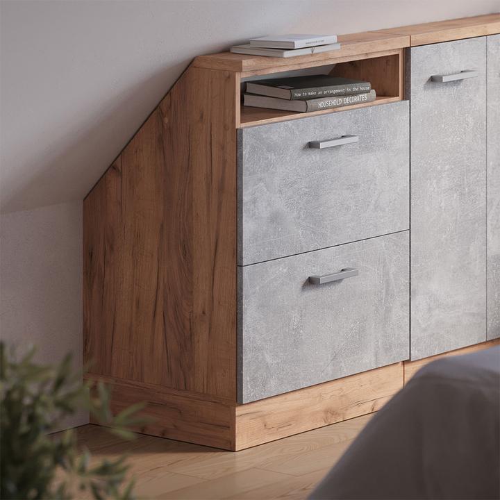 Produktbild Vichy Dachschrägenschrank Rion, Beton/Goldkraft Eiche/Goldkraft Eiche, mit 2 Schubladen (46 x 46 x 81.60 cm)