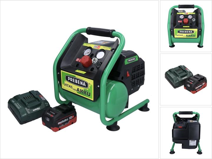 1x Prebena VITAS 100-AKKU compressor, 1x Metabo LiHD battery pack 18V 5.5 Ah, 1x Metabo ASC 145 charger
