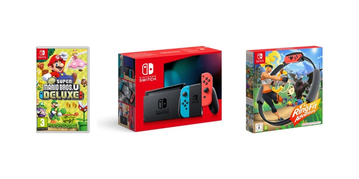 Actual product image Nintendo Switch in Neon-Rot/Neon-Blau + Ring Fit Adventure + New Super Mario Bros. U Deluxe