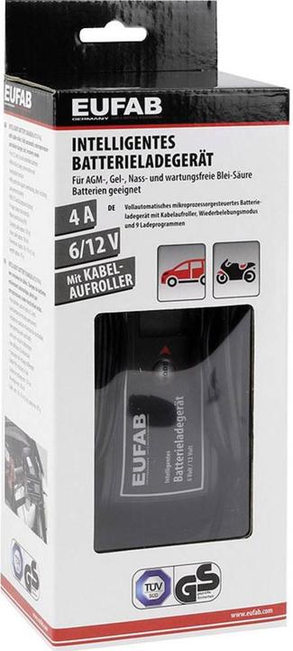 Productafbeelding Eufab Automatische acculader ligent acculader, 6/12 V, 4 A, met kabeloproller (12V, 24V, 4 A)