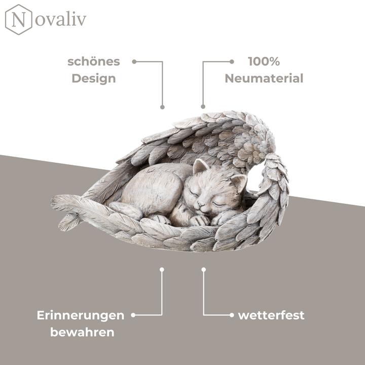 Produktbild Novaliv Grabschmuck Katze Engelsfügeln Grau 22x13x13 cm Grabdekoration wetterfest Grabfigueren Kreuz