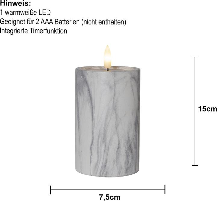 Produktbild Star Trading LED-Kerze Pillar Flame Marble 7.5 cm x 15 cm, Grau (1 x)