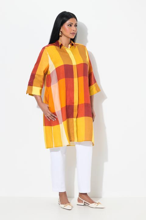 Actual product image Ulla Popken Linen Madras Check 3/4 Sleeve Shirt Dress (46, 48)