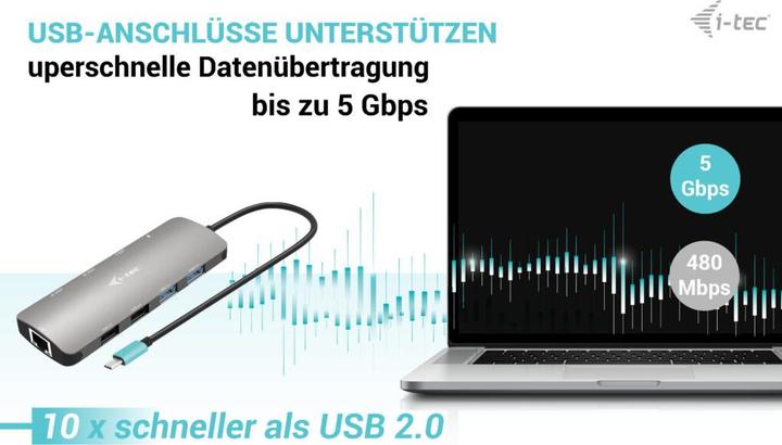 Image du produit i-tec USB-C Metal Nano Dock 2x HDMI 1x GLAN 2x USB 3.2 2x USB 2.0 1x USB-C 3.2 Gen.1 Data 1x USB-C 1 (USB-C, 2 Ports)