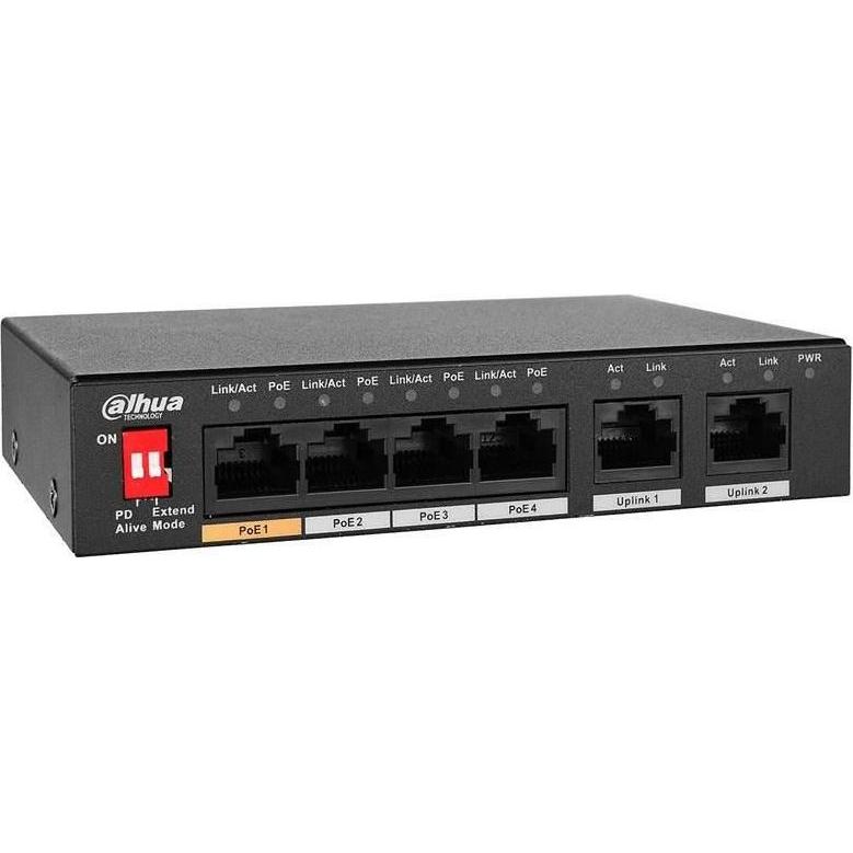 Dahua Switch PFS3005-4ET-60-V2 Desktop/Standfuss PoE jungtys 4 60 Watt DH-PFS3005-4ET-60-V2 (5 Ports), Netzwerk Switch, ...