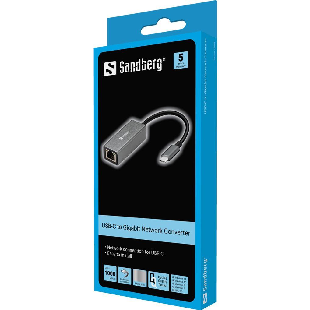 Thumbnail - Sandberg USB-C -> Network Converter (USB-C, RJ45 Gigabit Ethernet (1x)), Netzwerkadapter, Silber