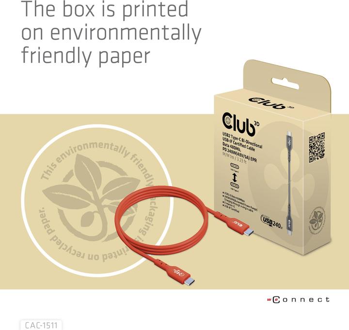 Produktbild Club 3D Club3D Kabel USB 2 Typ C PD 240W / 480Mb 1m St/St retail (1 m, USB 2.0, 240 W)