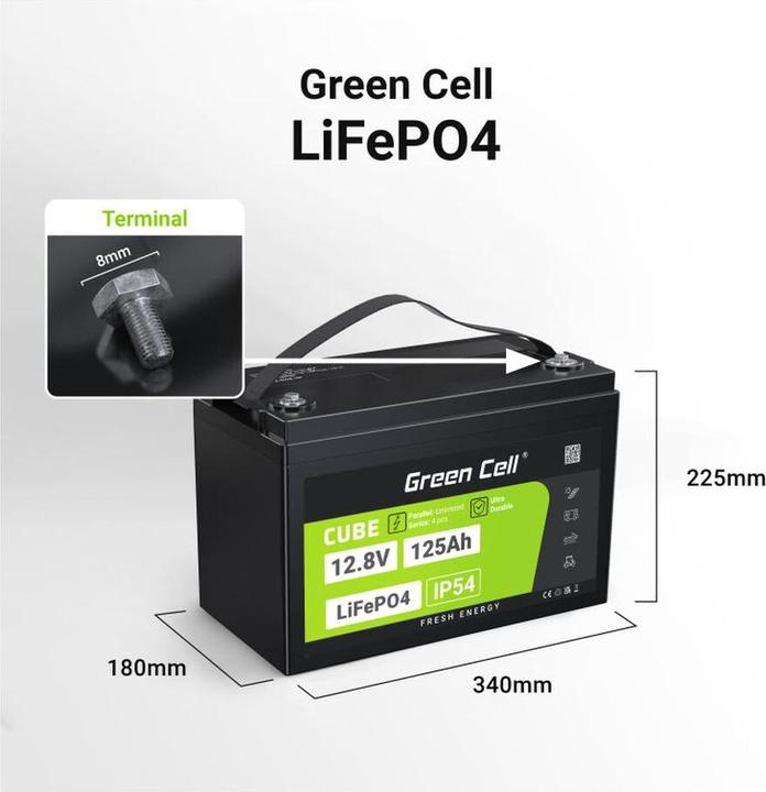 Produktbild GreenCell Green Cell CUBE LiFePO4 battery 125Ah 12.8V 1600Wh lithium iron phosphate battery for motorhomes, so (12.80 V, 125 Ah)