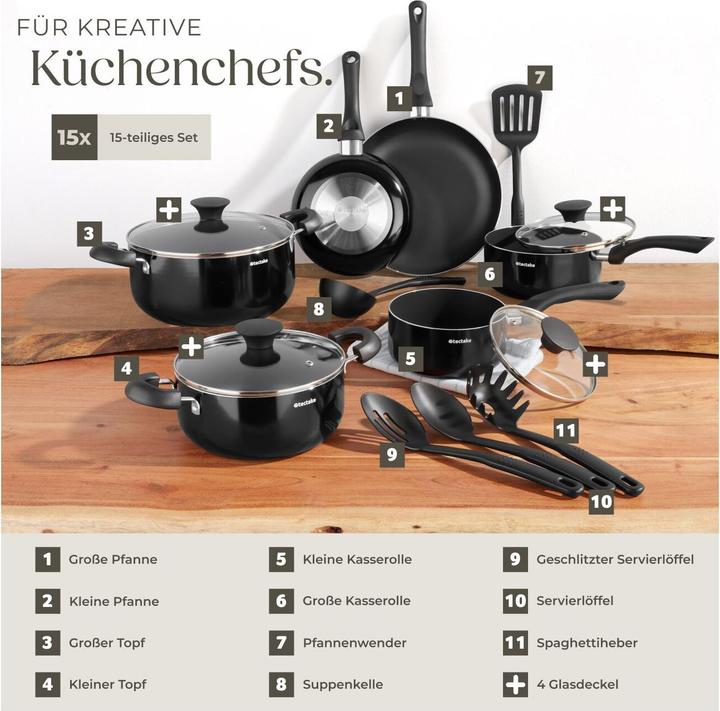 Image du produit tectake Set de pots Varese, en aluminium avec capuchons en vetro, 15 pièces (26 cm, Ensemble de casseroles et de poêles de cuisson, Aluminium)