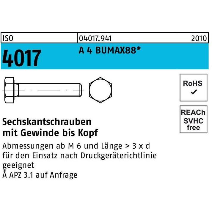 Bufab, Schrauben, Sechskantschraube ISO 4017 VG M 10 x 80 A 4 BUMAX88 (50 Schrauben pro Stück)