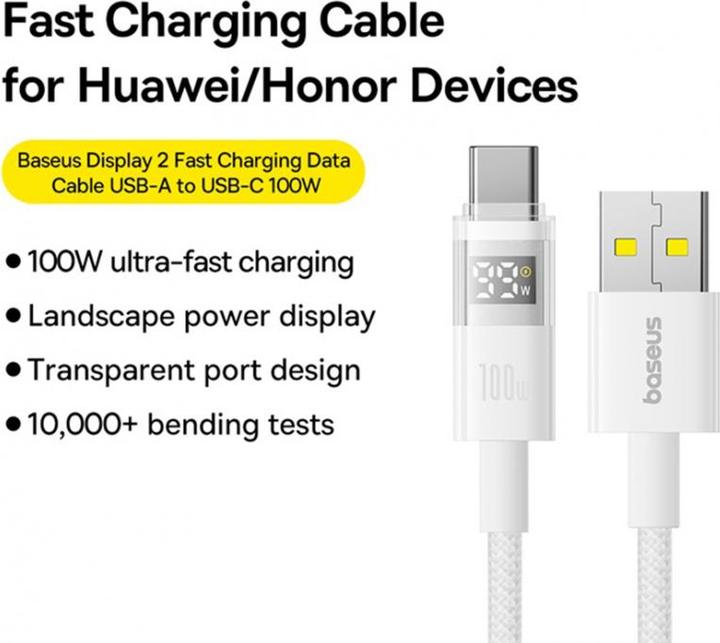 Produktbild Baseus USB-A to USB-C Cable Display 2, 100W, 5A, 2m, White (2 m, USB 3.2 Gen 1, 100 W)