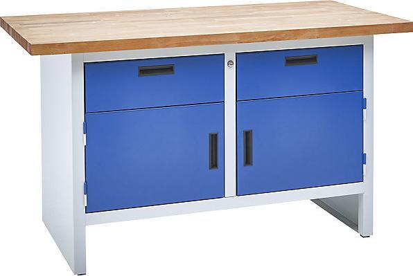MBA-System Werkbank, 2 Schubladen, 2 Türen, Breite 1500 mm, lichtgrau / enzianblau (150 cm, 75 cm)
