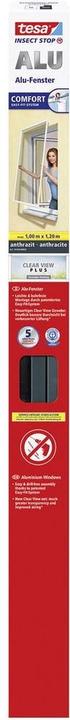Produktbild tesa Insektenschutz Alu COMFORT für Fenster, mit Rahmen aus Aluminium, ohne Bohren (100 x 120 cm)