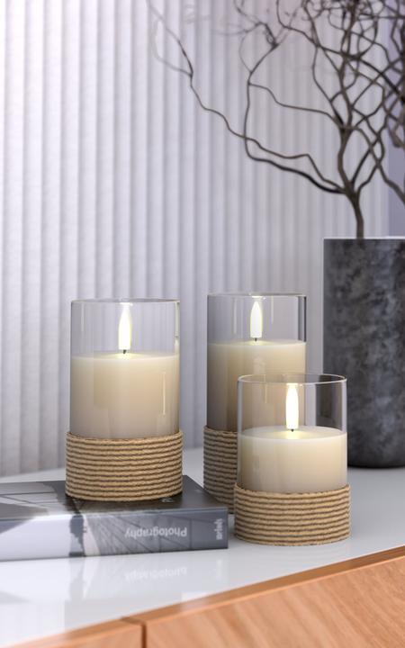 Actual product image Goobay 3er-Set LED-Echtwachs-Kerzen im Glas, weiss, mit Hanf umwickelt (3 x)