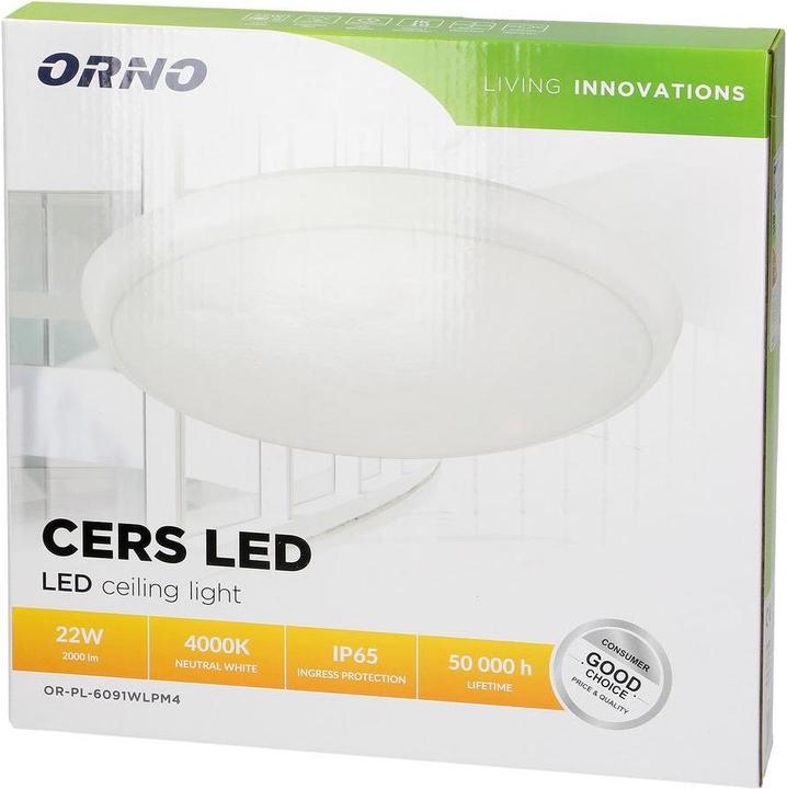 Actual product image Orno CERS LED 22W, ceiling light, 2000lm, IP54, 4000K, opal polycarbonate, white (2000 lm)