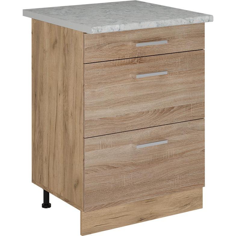 Vicco, Regal, Küchenunterschrank R-Line, Sonoma/Goldkraft Eiche, 60 cm mit Schubladen, AP Marmor