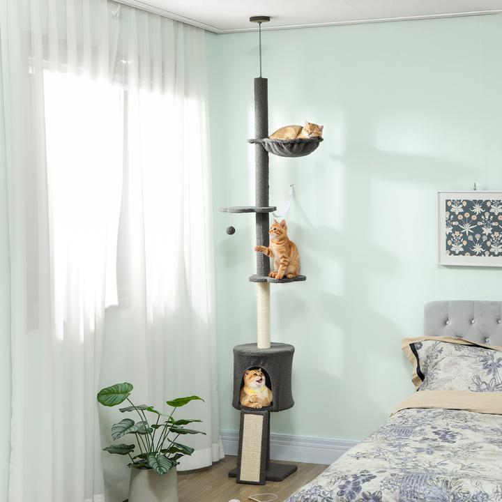 Produktbild PawHut Kratzbaum Spanplatte, Polyester Dunkelgrau (220 cm, Dunkelgrau)