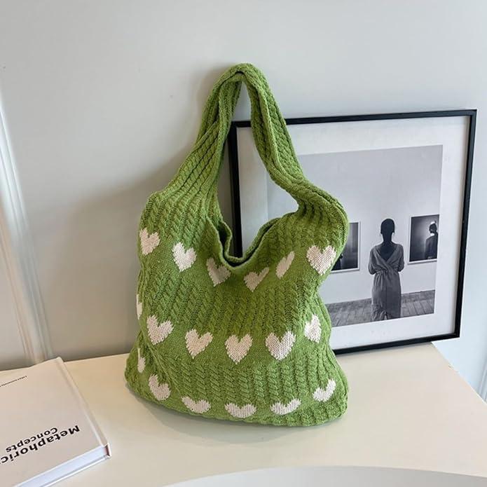 Actual product image Only-Bags.Store Minimalist love pattern hobo bag, knitted storage shopping bag, lightweight holiday bag