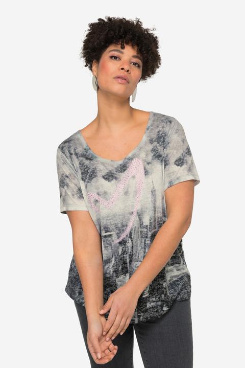 Actual product image Miamoda Half-Sleeve Crew Neck T-Shirt with Skyline Print with Heart (54)