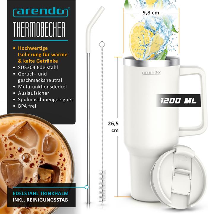 Produktbild Arendo Thermobecher 1200 ml, Becher mit Deckel, Thermal Mug, Henkel & Strohhalm, Tumbler, Edelstahl (1.20 l)