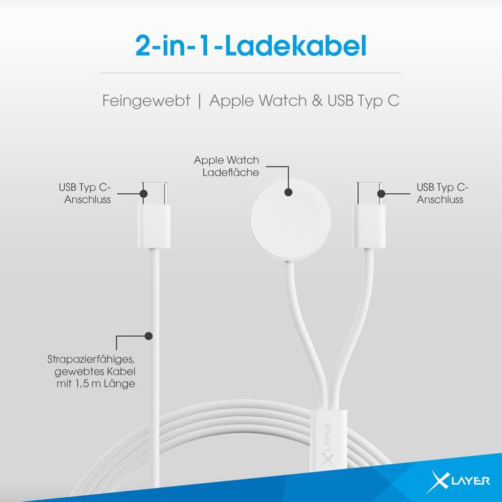Produktbild Xlayer 2-in-1 feingewebtes Kabel mit USB Typ C & Apple Watch Charger 1.5 m White (1.50 m, USB 2.0)
