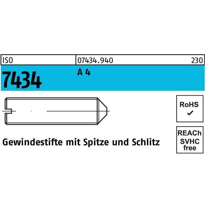 Schrauben, Gewindestift DIN 553 m.Schlitz/Spitze M 8 x 12 A 4 (25 Schrauben pro Stück)