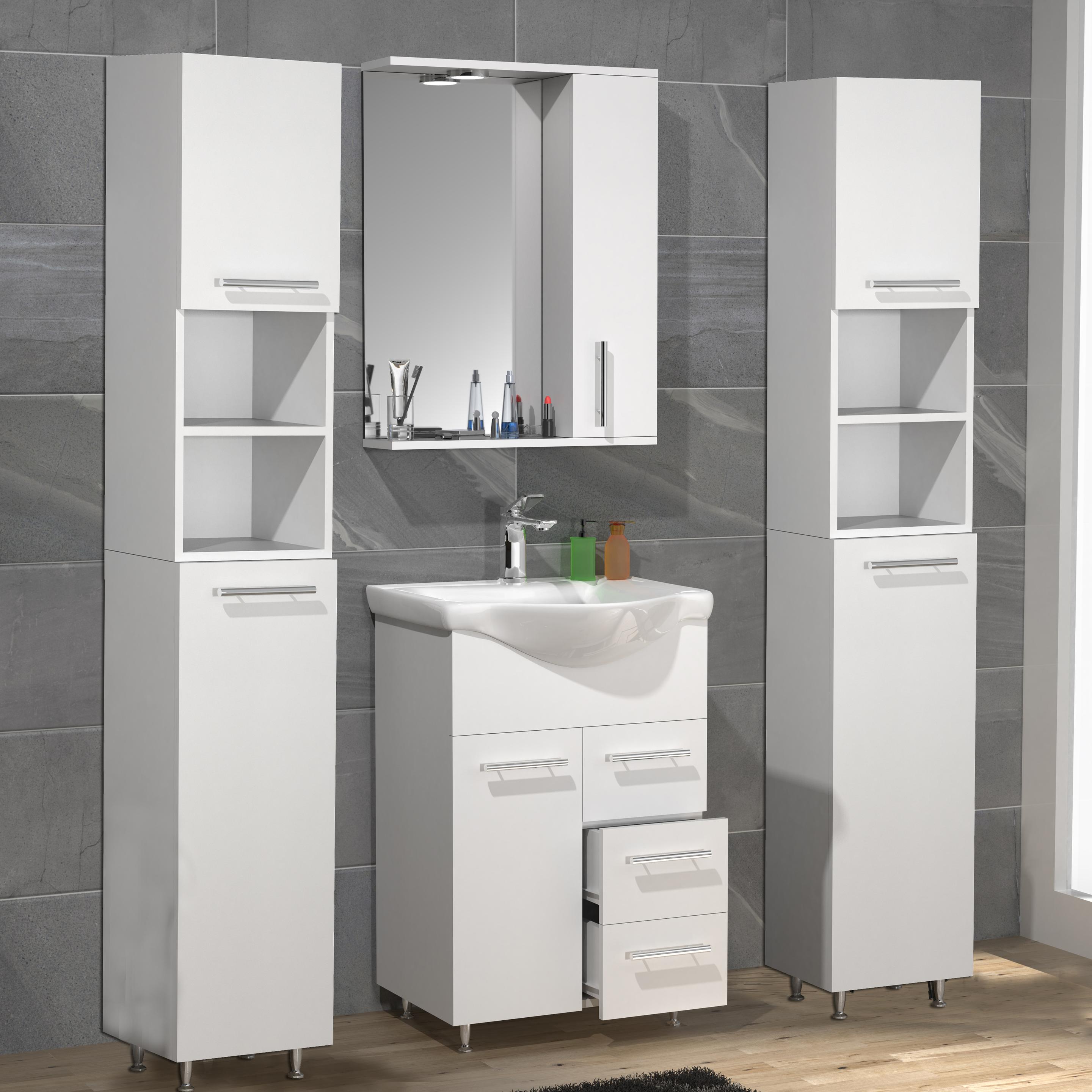 VCM, Badmöbelset, 5-tlg. Waschplatz Waschtisch Badmöbel Set Waschbecken Schublade Spiegelschrank Lisalo L