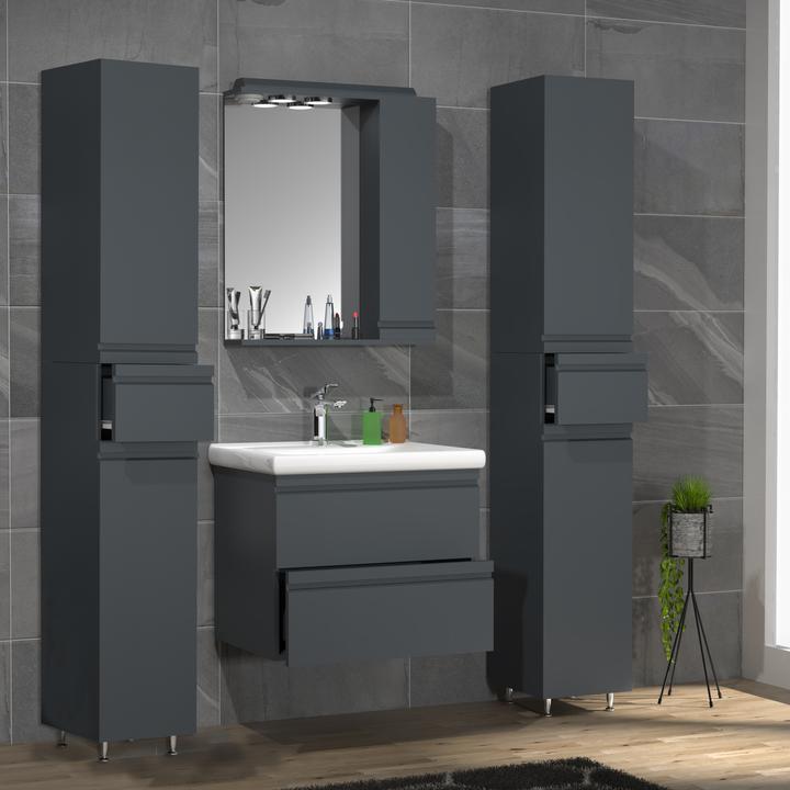 Produktbild VCM 5-tlg. Waschplatz Waschtisch 60 cm Badmöbel Set Waschbecken grifflose Schublade Spiegelschrank