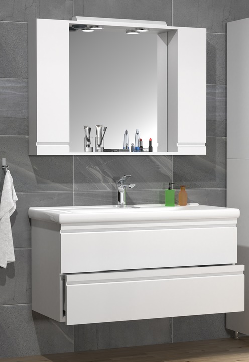 Produktbild VCM 3-tlg. Waschplatz Waschtisch 100 cm Badmöbel Set Waschbecken grifflose Schublade Spiegelschrank