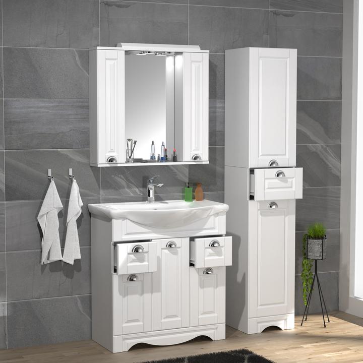 Immagine prodotto VCM Lavabo 4 pezzi Larghezza lavabo 75 cm Set di mobili da bagno Lavabo Armadio a specchio Armadio alto