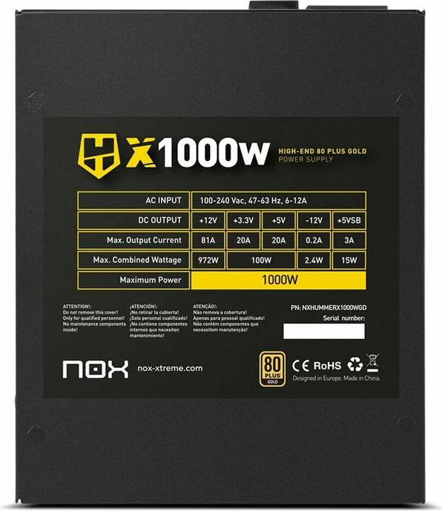 Produktbild Nox HUMMER X 1000W PLUS GOLD Netzteil 24-pin ATX Schwarz (1000 W)