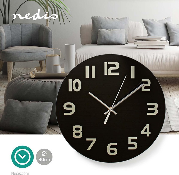 Immagine prodotto Nedis CLWA006GL30BK Orologio da parete circolare, diametro 30 cm, numeri di facile lettura, nero (30 cm)