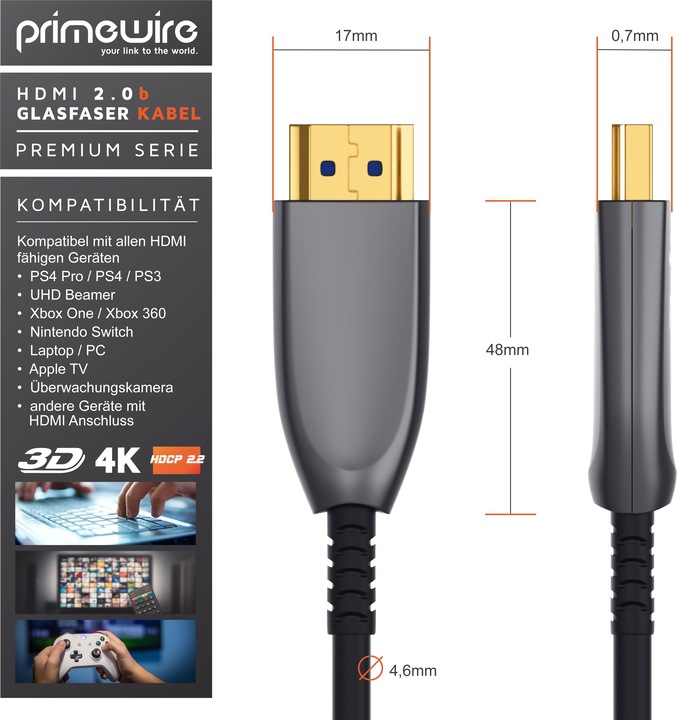 Produktbild Primewire HDMI Kabel 2.0b Glasfaser, Typ A, Ultra HD Glasfaserkabel, 3-fach geschirmt, 4K, 3D, ARC, Ethernet (5 m, HDMI)