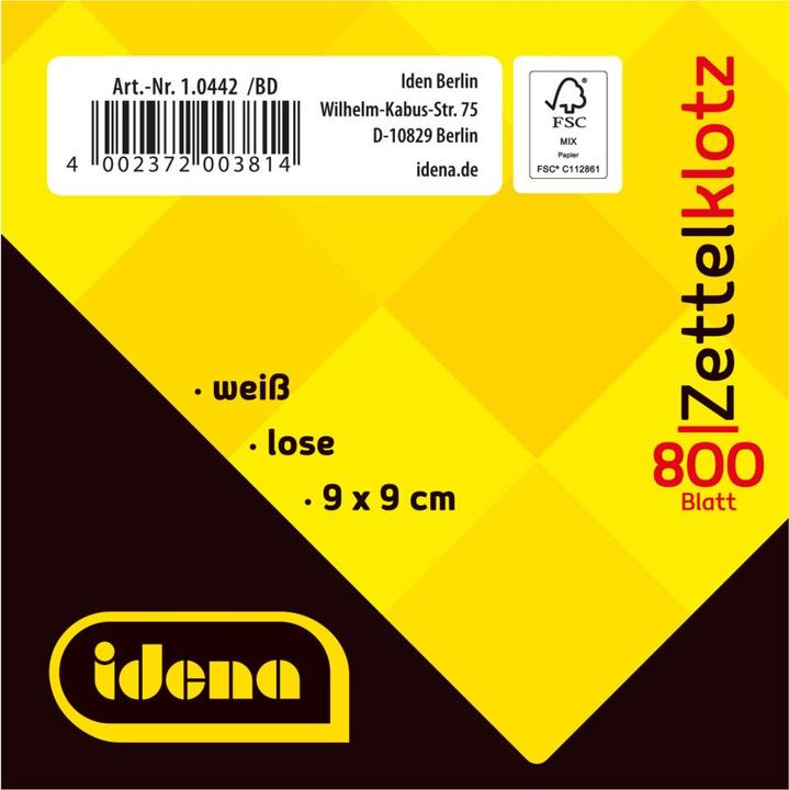 Produktbild Idena Zettelklotz 9x9cm 800 Bl. lose weiss FSC-Mix (9 x 9 cm)