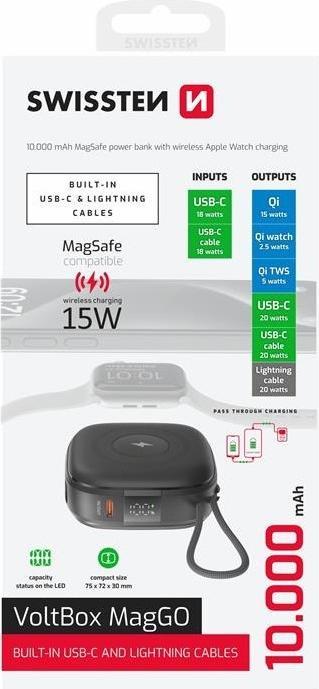 Actual product image Swissten Power Bank Voltbox Maggo 10000 Mah with Built-In Cables + Magsafe + Apple Watch (10000 mAh, 20 W, 37 Wh)
