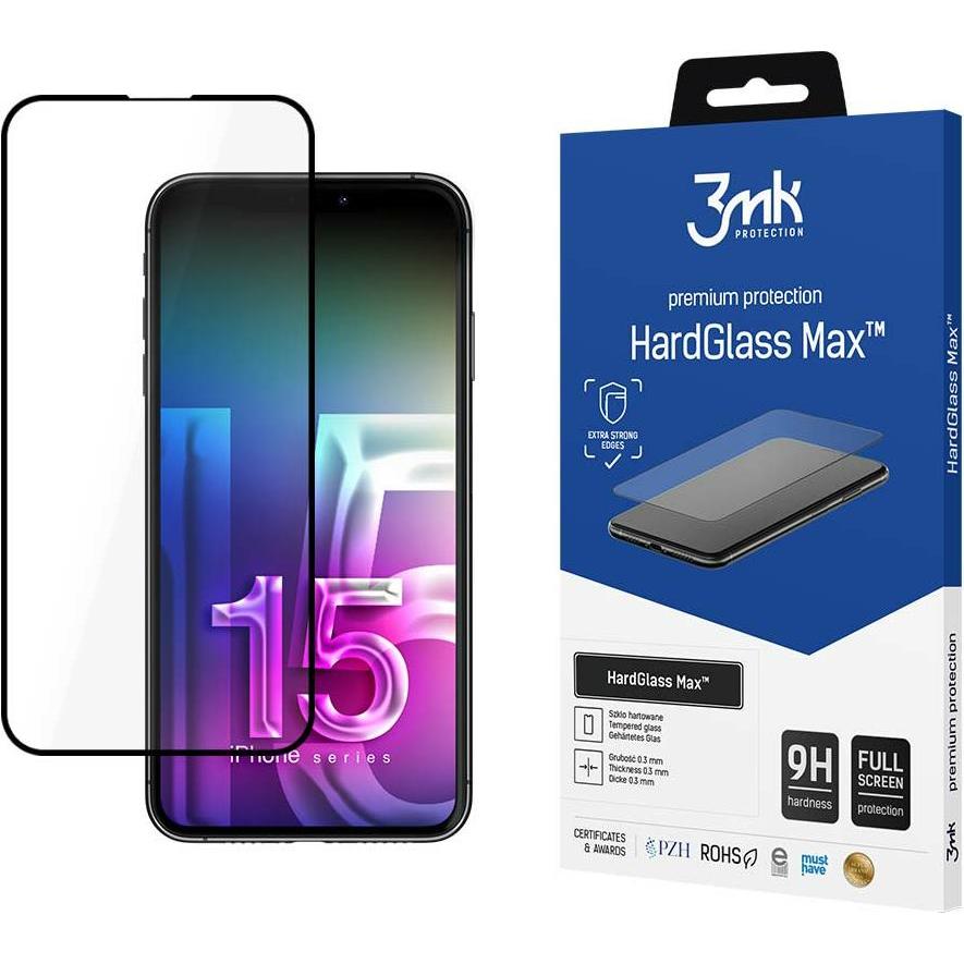 3MK HardGlass Max iPhone 15 Pro 6.1" czarny/black, Fullscreen Glass (1 Stück, Apple iPhone 15 Pro), Smartphone Schutzfol...
