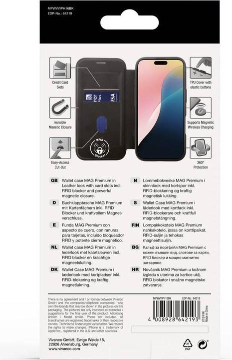 Image du produit Vivanco MAG PREMIUM Wallet pour iPhone 16, noir, 2.0m Drop-Protection, MagSafe Suport (Apple iPhone 16)