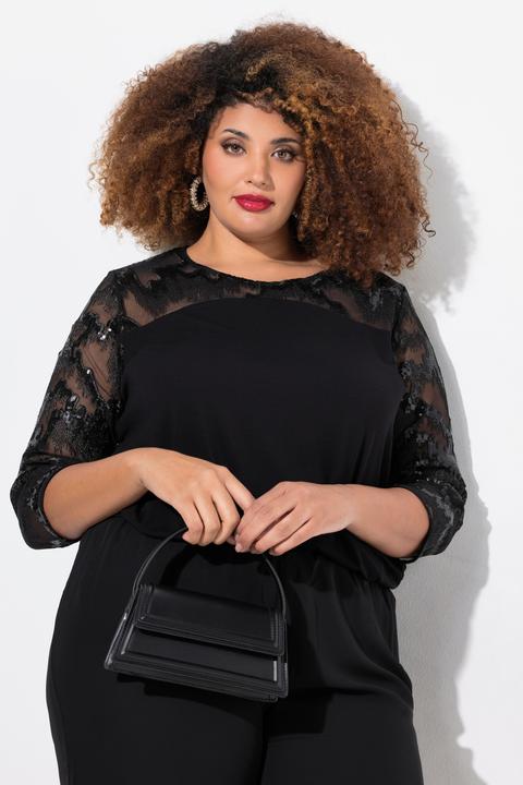 Actual product image Ulla Popken Sequined Mesh Panel 3/4 Sleeve Tee (42, 44)