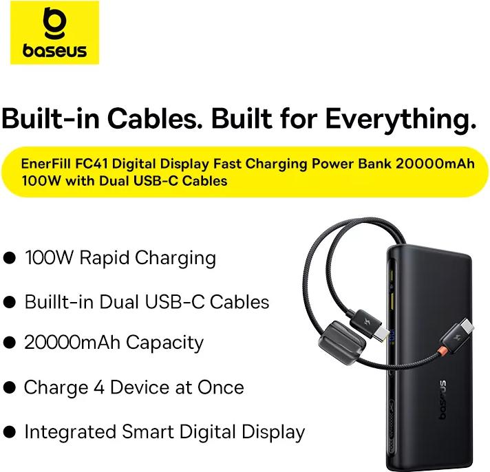 Immagine prodotto Baseus EnerFill FC41 20000 mAh 100W USB-C (20000 mAh, 100 W, 18.25 Wh)