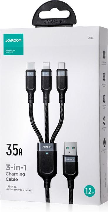 Actual product image Joyroom Multi-Use Series 3-in-1 cable S-1T3018A18 Lightning USB-C micro USB 1.2m - black (1.20 m, USB 3.2 Gen 1)