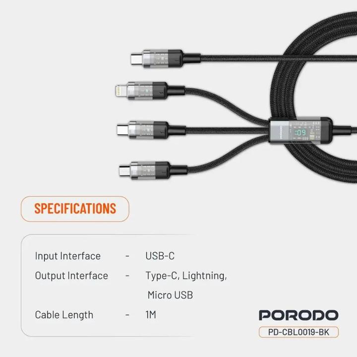 Image du produit Porodo 4-IN-1 Digital-Display Schnellladung 1m Kabel TypC auf C+L+M 66W - Schwarz (1 m, USB 2.0, 60 W)