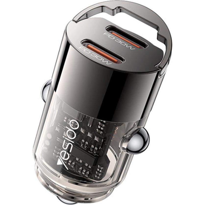 Yesido - Mini Car Charger (Y69) - Dual-Port Type-C, PD30W, Aluminum Alloy, Fast Charging - Black, Adattatore per auto, Nero