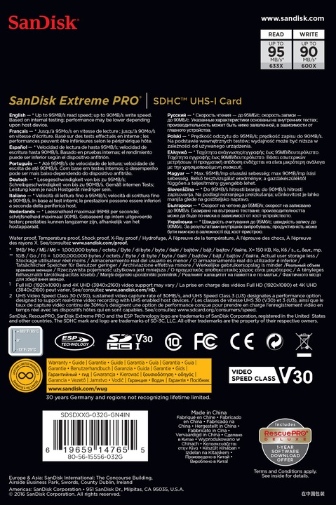 Image du produit SanDisk Extreme Pro SDHC U3 (32 Go, SDHC, U3, UHS-I)